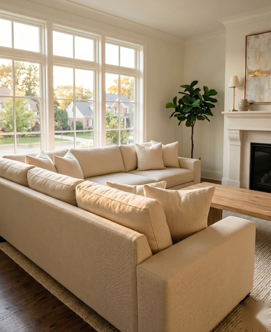 Clean cream sofa in a bright Cary NC living room — RenewHomeCo upholstery cleaning