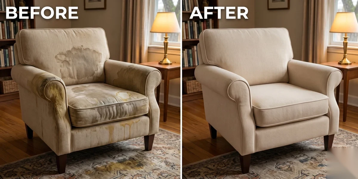 Fabric armchair pet stain removal before and after — Raleigh NC