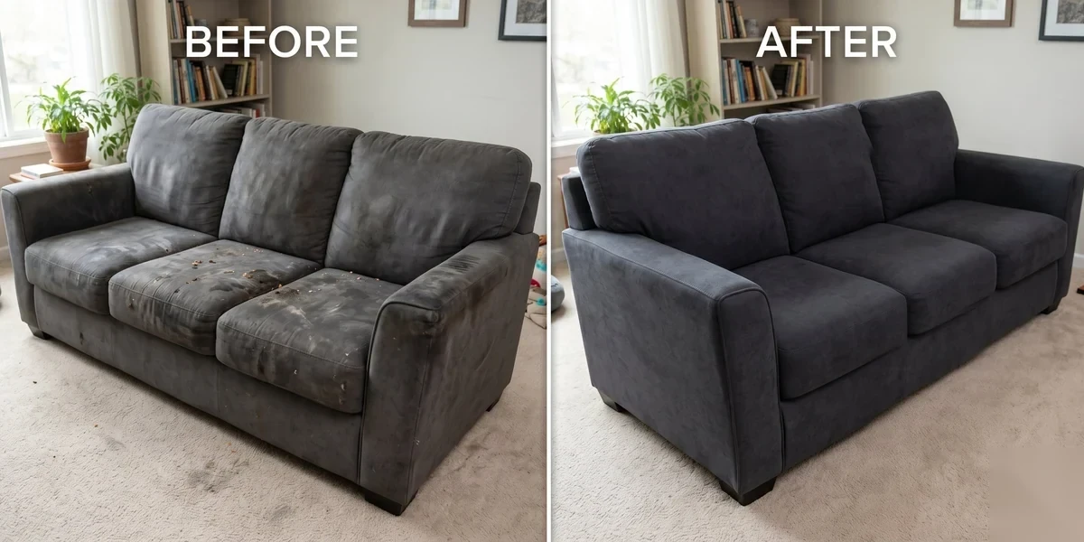 Dark microfiber sofa before and after deep cleaning — Morrisville NC